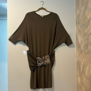 Michael Kors taupe jersey half sleeve dress with wide belt with snakeskin buckle